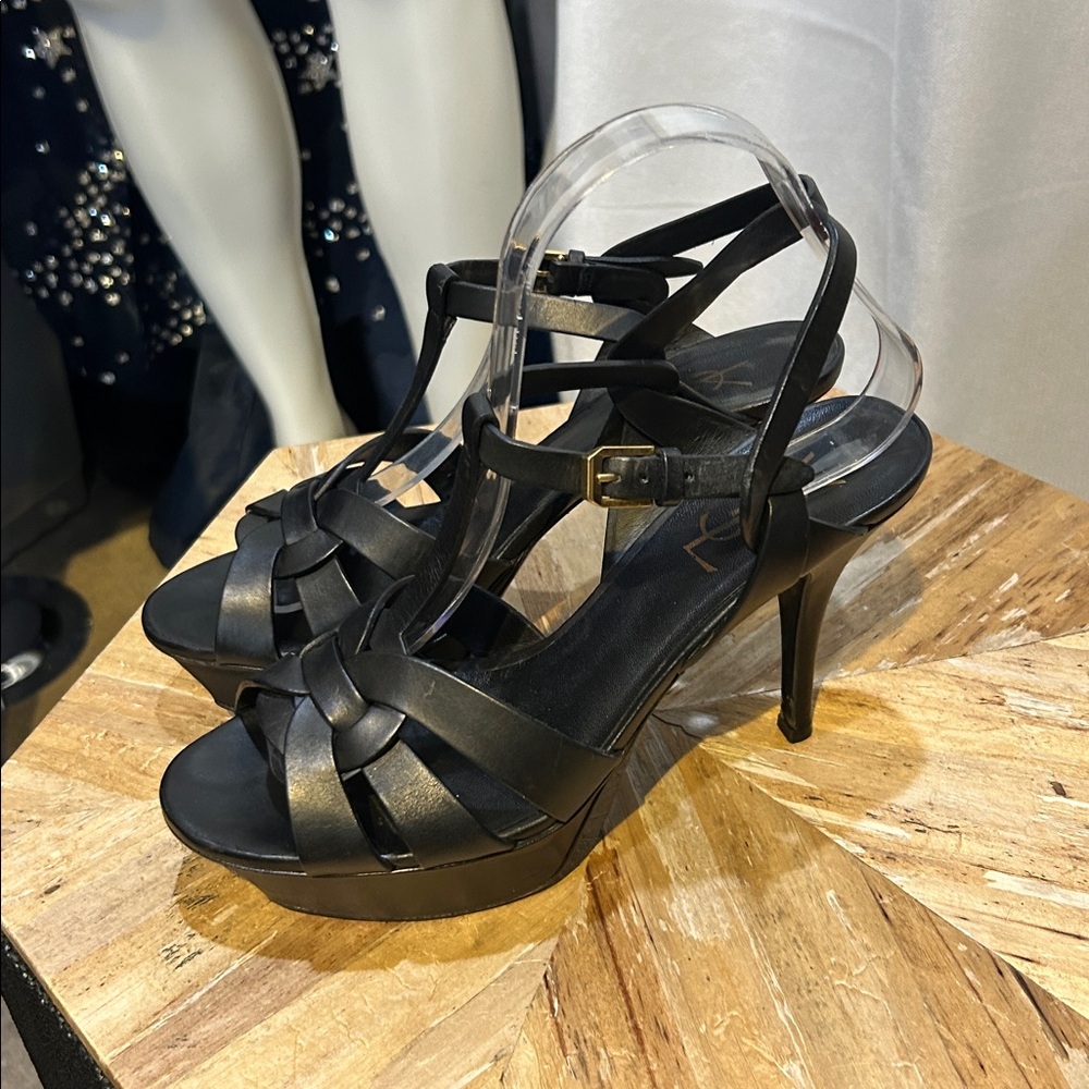 Saint Laurent Black Woven T‑Bar Leather Heels - Picture 2 of 7